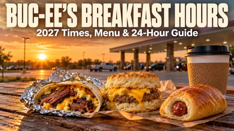 Buc-ee's Breakfast Hours 2027 feature banner with breakfast tacos biscuit kolache and road-trip coffee