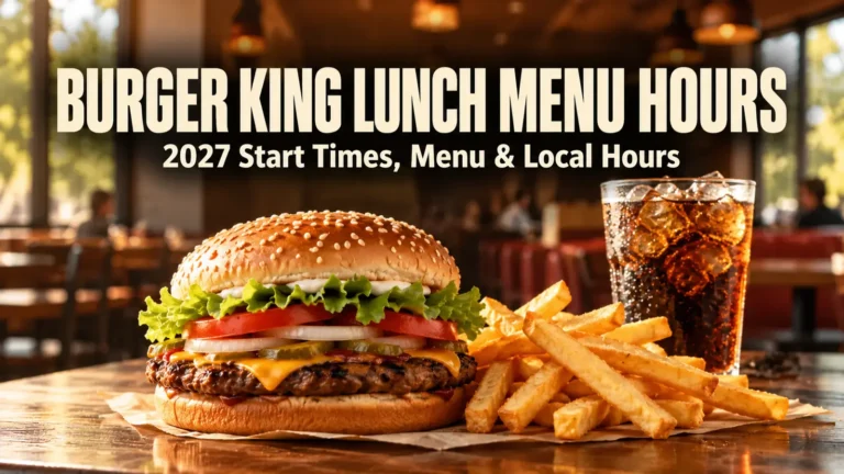 Burger King Lunch Menu Hours 2027: burger, fries, drink and bold featured image text
