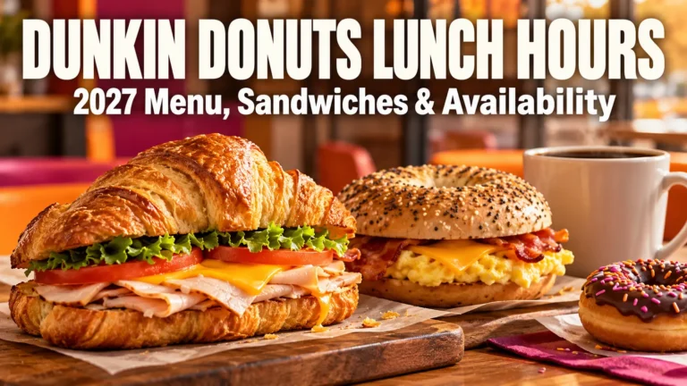 Dunkin Donuts Lunch Hours 2027 cover with croissant sandwich bagel coffee and bold heading