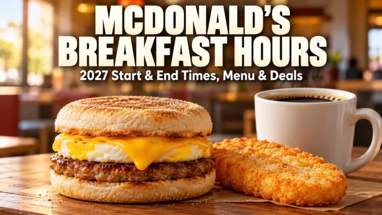 McDonald's Breakfast Hours 2027 editorial banner featuring egg muffin sandwich, hash browns and bold title text