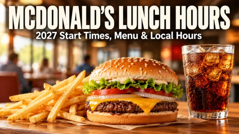 McDonald's Lunch Hours 2027 editorial banner featuring a burger, fries, drink and bold title text