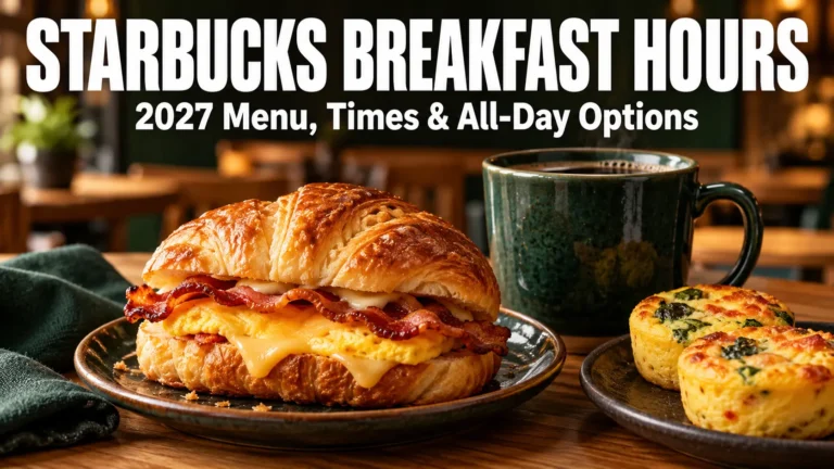 Starbucks Breakfast Hours 2027 banner with bacon egg croissant coffee egg bites and large title