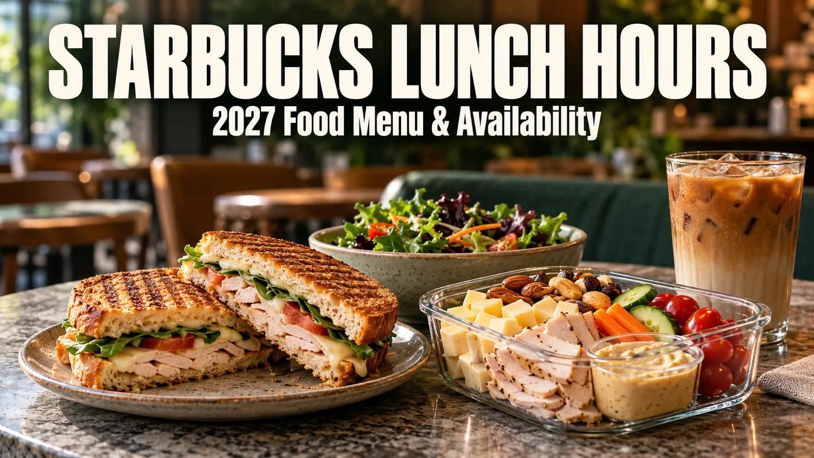 Starbucks Lunch Hours 2027 banner with toasted lunch sandwich protein box salad iced coffee and title