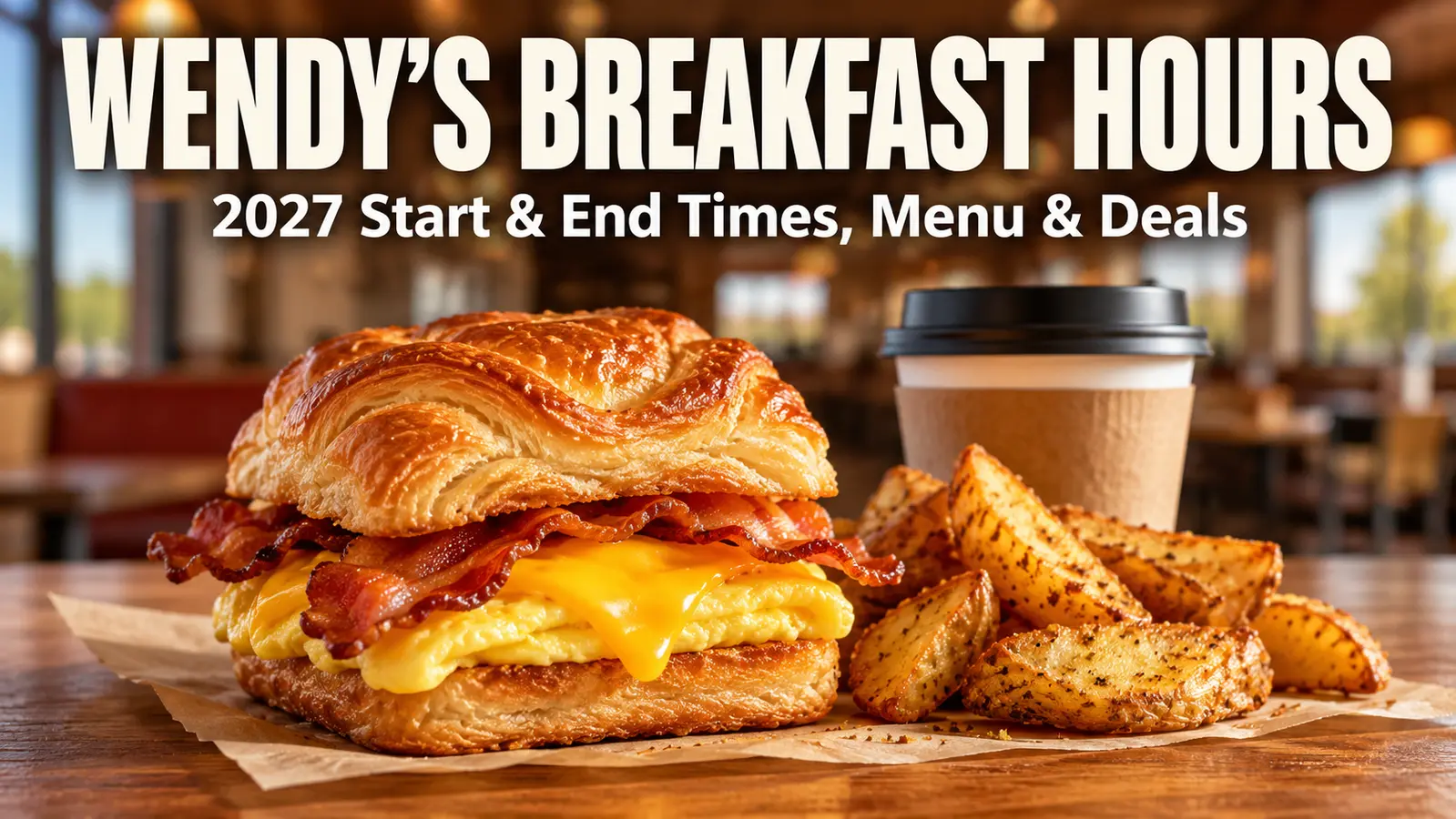 Wendy's Breakfast Hours 2027 featured banner with breakfast croissant, seasoned potatoes and title text